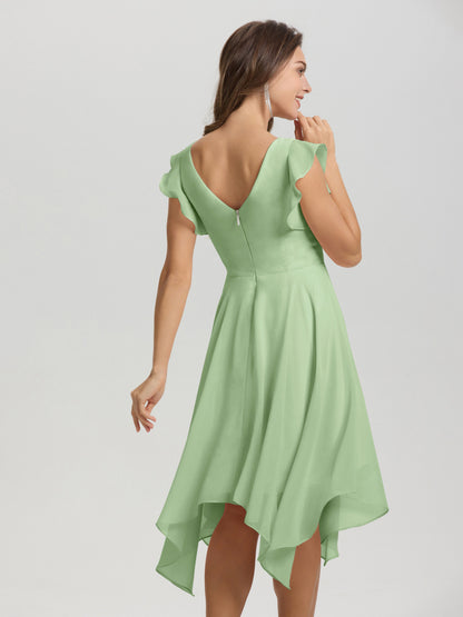 Ruffle Sleeves V-neck Asymmetrical Tea Length Chiffon Bridesmaid Dresses