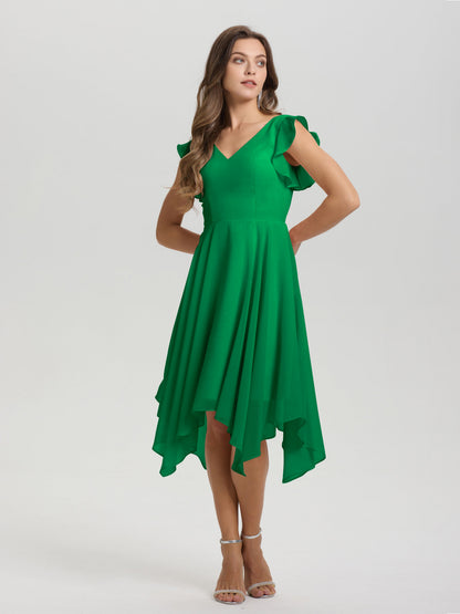 Ruffle Sleeves V-neck Asymmetrical Tea Length Chiffon Bridesmaid Dresses