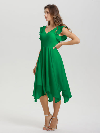 Ruffle Sleeves V-neck Asymmetrical Tea Length Chiffon Bridesmaid Dresses