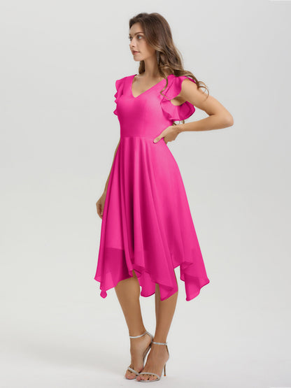 Ruffle Sleeves V-neck Asymmetrical Tea Length Chiffon Bridesmaid Dresses
