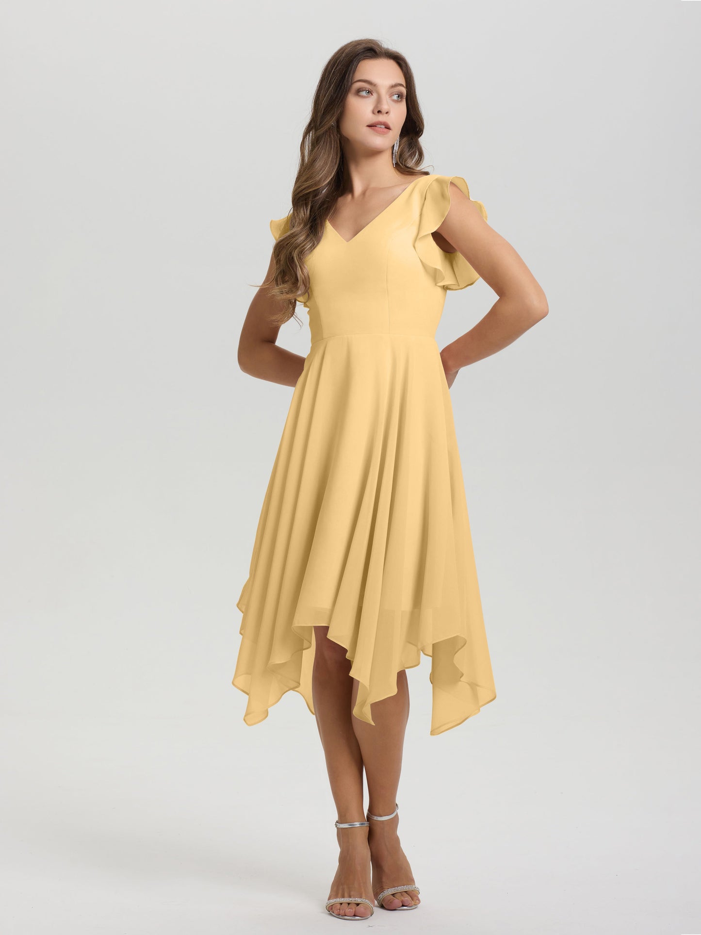 Ruffle Sleeves V-neck Asymmetrical Tea Length Chiffon Bridesmaid Dresses