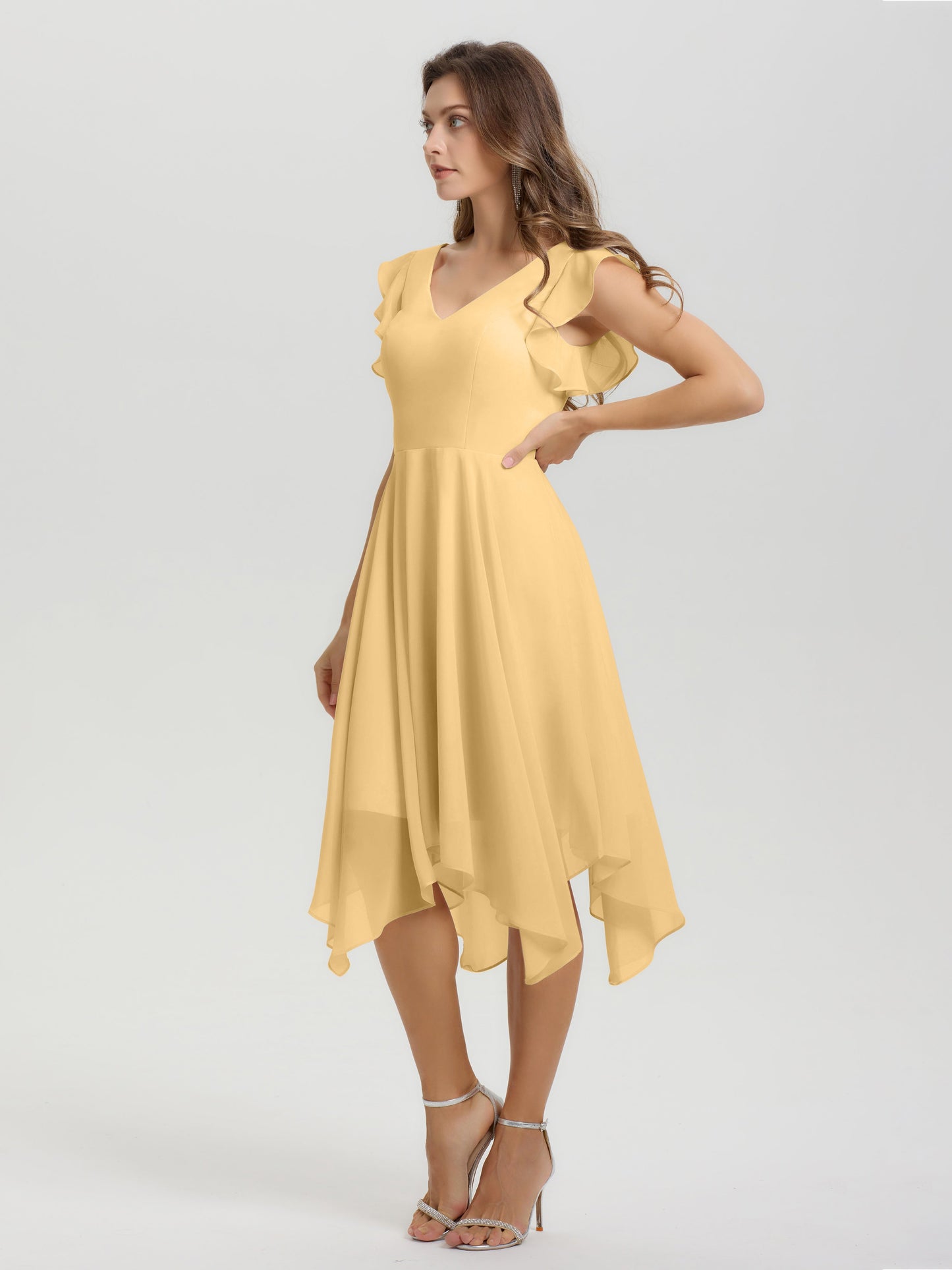 Ruffle Sleeves V-neck Asymmetrical Tea Length Chiffon Bridesmaid Dresses