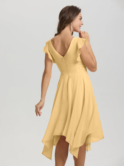Ruffle Sleeves V-neck Asymmetrical Tea Length Chiffon Bridesmaid Dresses