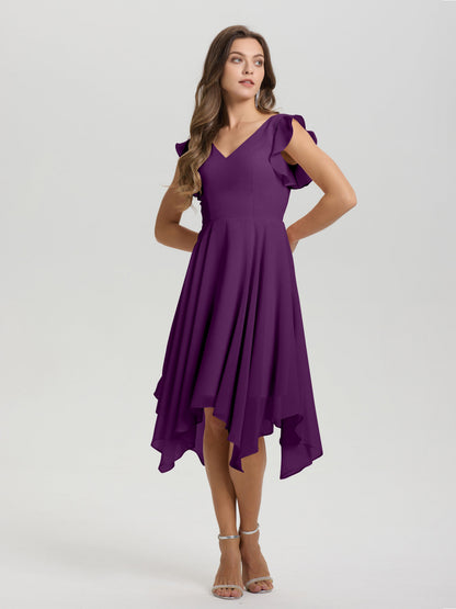 Ruffle Sleeves V-neck Asymmetrical Tea Length Chiffon Bridesmaid Dresses