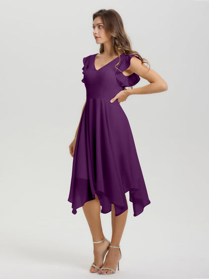 Ruffle Sleeves V-neck Asymmetrical Tea Length Chiffon Bridesmaid Dresses