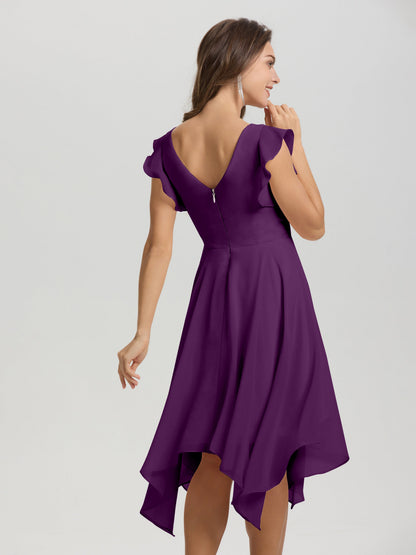 Ruffle Sleeves V-neck Asymmetrical Tea Length Chiffon Bridesmaid Dresses