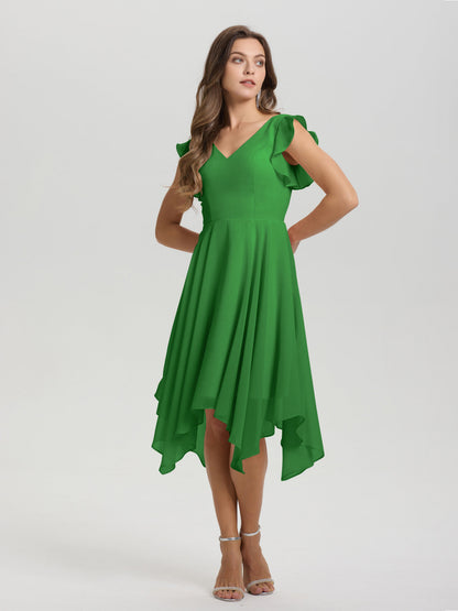 Ruffle Sleeves V-neck Asymmetrical Tea Length Chiffon Bridesmaid Dresses