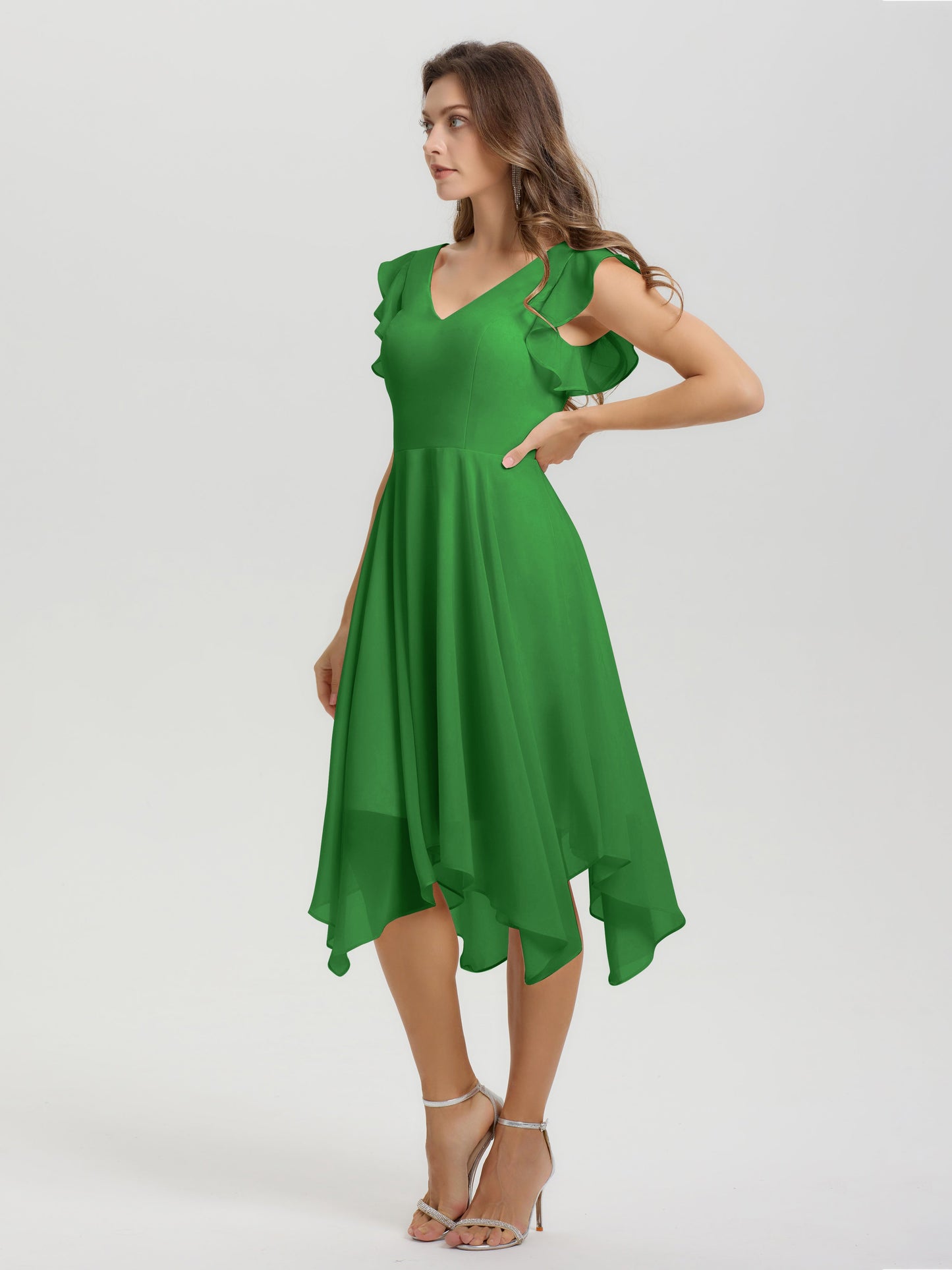 Ruffle Sleeves V-neck Asymmetrical Tea Length Chiffon Bridesmaid Dresses