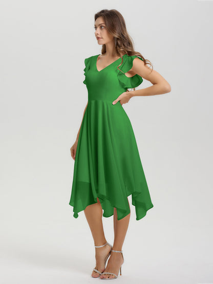 Ruffle Sleeves V-neck Asymmetrical Tea Length Chiffon Bridesmaid Dresses