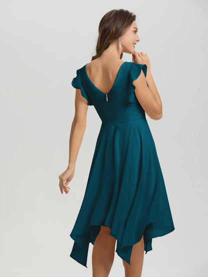 Ruffle Sleeves V-neck Asymmetrical Tea Length Chiffon Bridesmaid Dresses