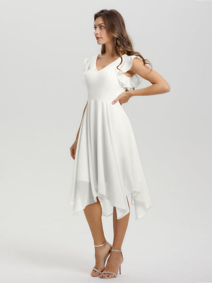 Ruffle Sleeves V-neck Asymmetrical Tea Length Chiffon Bridesmaid Dresses
