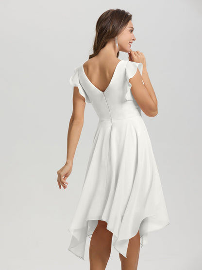 Ruffle Sleeves V-neck Asymmetrical Tea Length Chiffon Bridesmaid Dresses