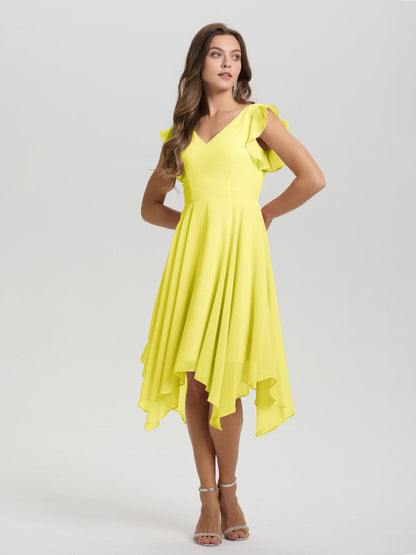 Ruffle Sleeves V-neck Asymmetrical Tea Length Chiffon Bridesmaid Dresses