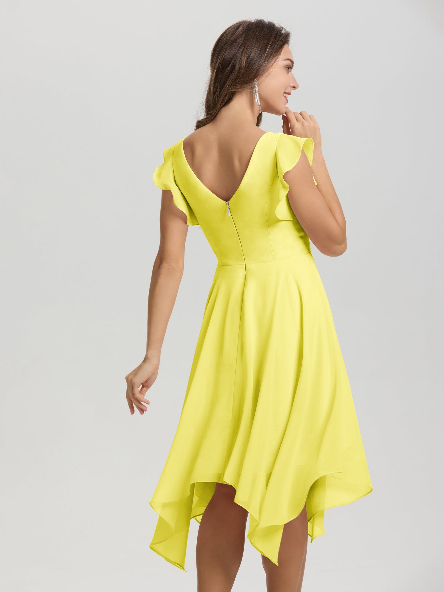 Ruffle Sleeves V-neck Asymmetrical Tea Length Chiffon Bridesmaid Dresses