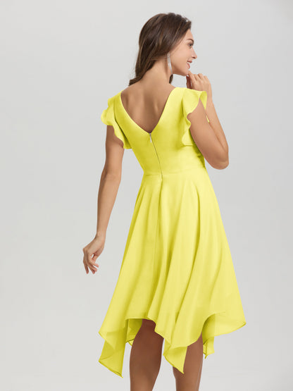 Ruffle Sleeves V-neck Asymmetrical Tea Length Chiffon Bridesmaid Dresses