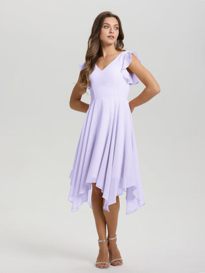 Ruffle Sleeves V-neck Asymmetrical Tea Length Chiffon Bridesmaid Dresses