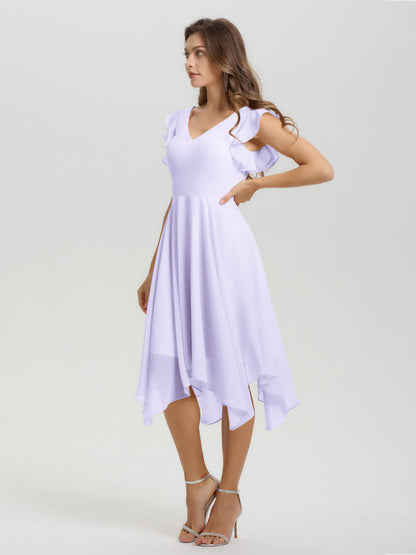 Ruffle Sleeves V-neck Asymmetrical Tea Length Chiffon Bridesmaid Dresses