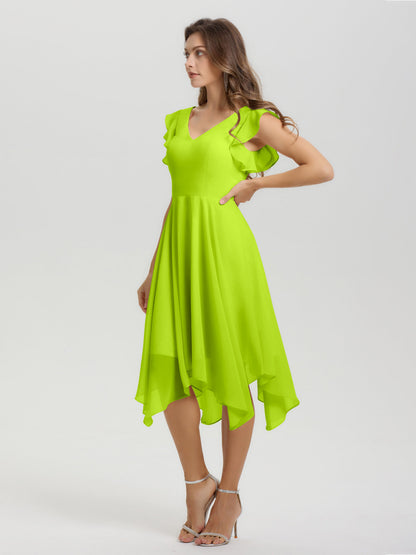 Ruffle Sleeves V-neck Asymmetrical Tea Length Chiffon Bridesmaid Dresses