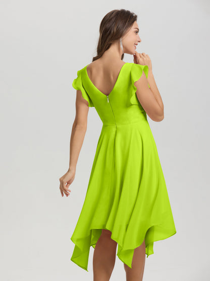 Ruffle Sleeves V-neck Asymmetrical Tea Length Chiffon Bridesmaid Dresses