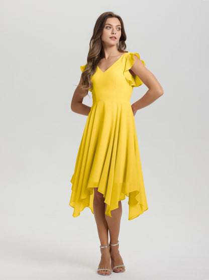 Ruffle Sleeves V-neck Asymmetrical Tea Length Chiffon Bridesmaid Dresses