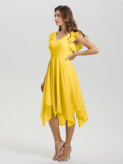 Ruffle Sleeves V-neck Asymmetrical Tea Length Chiffon Bridesmaid Dresses