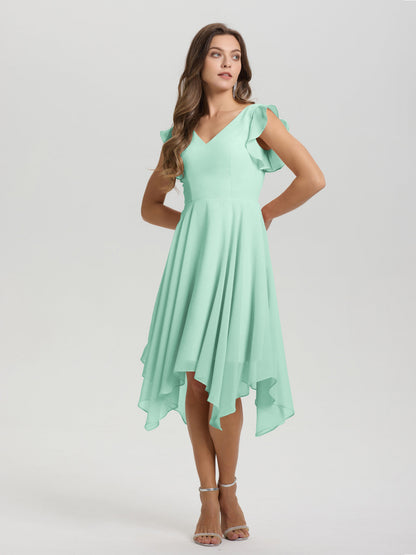 Ruffle Sleeves V-neck Asymmetrical Tea Length Chiffon Bridesmaid Dresses
