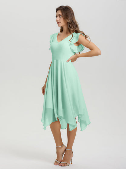 Ruffle Sleeves V-neck Asymmetrical Tea Length Chiffon Bridesmaid Dresses