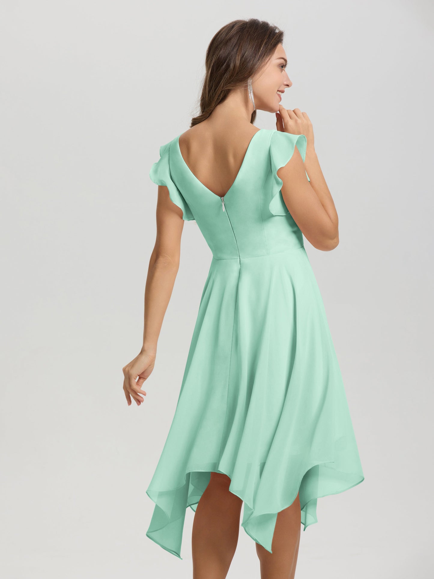 Ruffle Sleeves V-neck Asymmetrical Tea Length Chiffon Bridesmaid Dresses