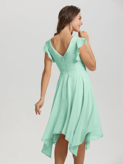 Ruffle Sleeves V-neck Asymmetrical Tea Length Chiffon Bridesmaid Dresses
