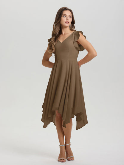 Ruffle Sleeves V-neck Asymmetrical Tea Length Chiffon Bridesmaid Dresses