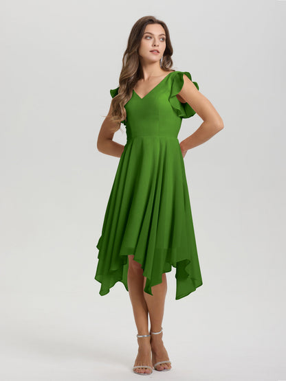 Ruffle Sleeves V-neck Asymmetrical Tea Length Chiffon Bridesmaid Dresses