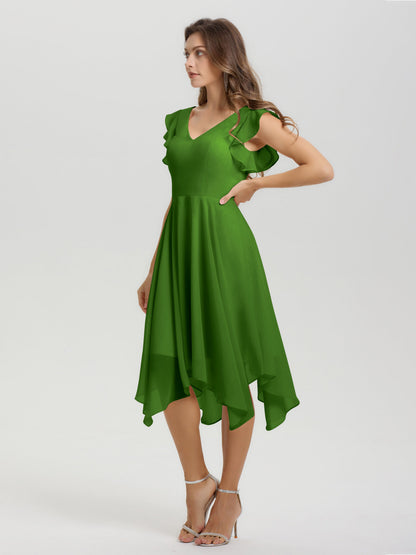Ruffle Sleeves V-neck Asymmetrical Tea Length Chiffon Bridesmaid Dresses