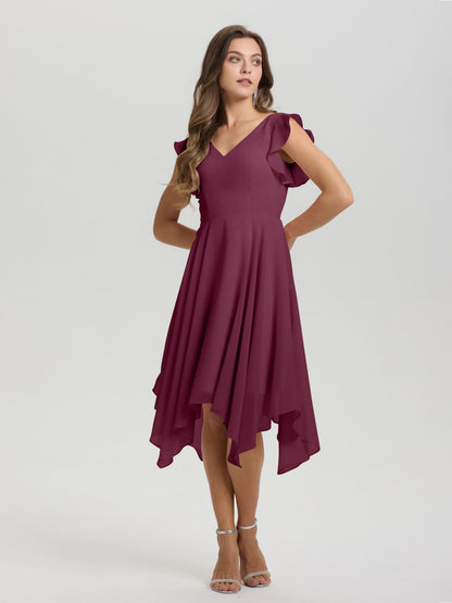 Ruffle Sleeves V-neck Asymmetrical Tea Length Chiffon Bridesmaid Dresses