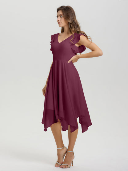 Ruffle Sleeves V-neck Asymmetrical Tea Length Chiffon Bridesmaid Dresses