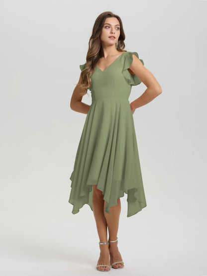 Ruffle Sleeves V-neck Asymmetrical Tea Length Chiffon Bridesmaid Dresses