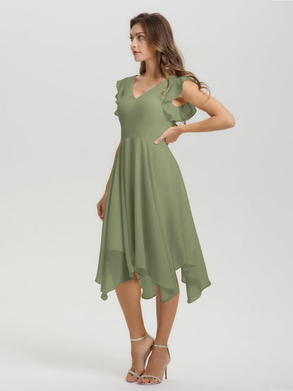 Ruffle Sleeves V-neck Asymmetrical Tea Length Chiffon Bridesmaid Dresses