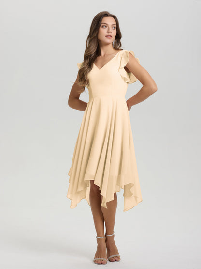 Ruffle Sleeves V-neck Asymmetrical Tea Length Chiffon Bridesmaid Dresses