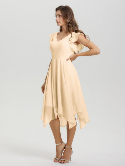 Ruffle Sleeves V-neck Asymmetrical Tea Length Chiffon Bridesmaid Dresses