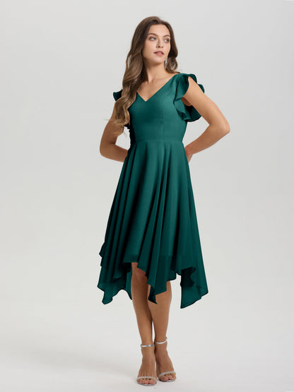 Ruffle Sleeves V-neck Asymmetrical Tea Length Chiffon Bridesmaid Dresses
