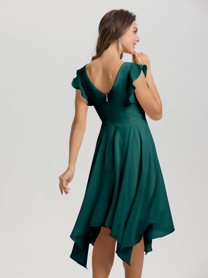 Ruffle Sleeves V-neck Asymmetrical Tea Length Chiffon Bridesmaid Dresses