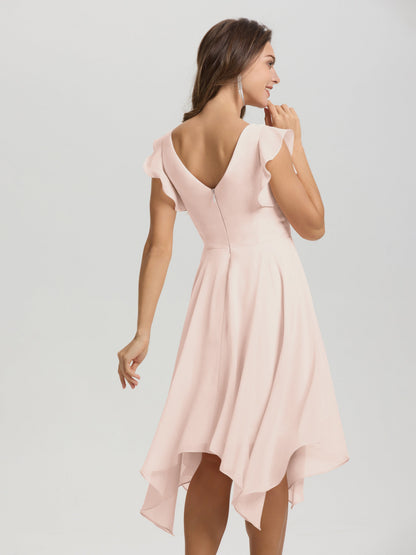 Ruffle Sleeves V-neck Asymmetrical Tea Length Chiffon Bridesmaid Dresses