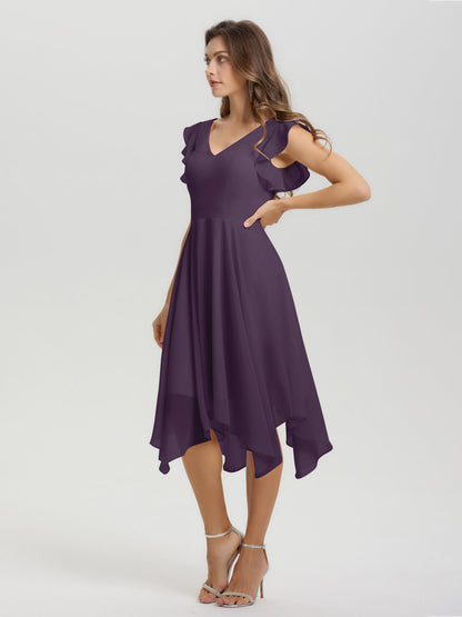 Ruffle Sleeves V-neck Asymmetrical Tea Length Chiffon Bridesmaid Dresses