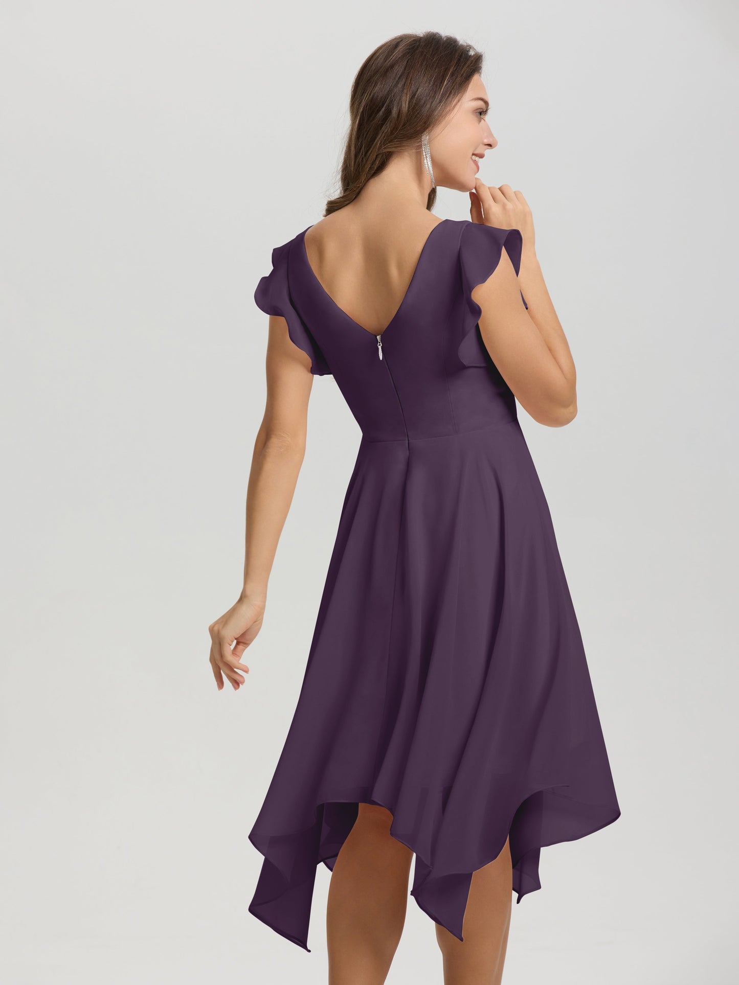 Ruffle Sleeves V-neck Asymmetrical Tea Length Chiffon Bridesmaid Dresses