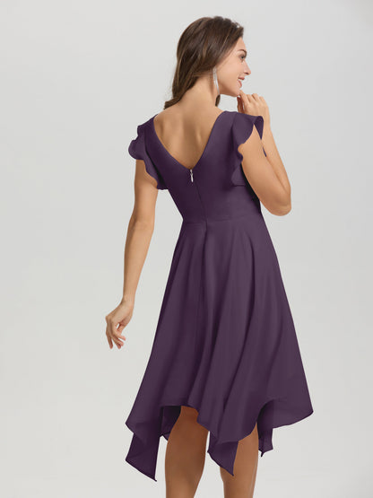 Ruffle Sleeves V-neck Asymmetrical Tea Length Chiffon Bridesmaid Dresses