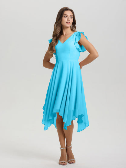 Ruffle Sleeves V-neck Asymmetrical Tea Length Chiffon Bridesmaid Dresses