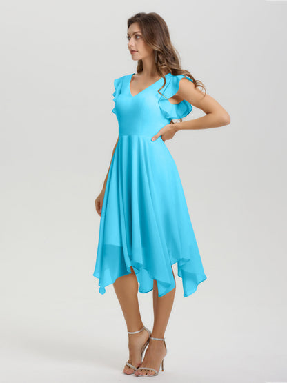 Ruffle Sleeves V-neck Asymmetrical Tea Length Chiffon Bridesmaid Dresses