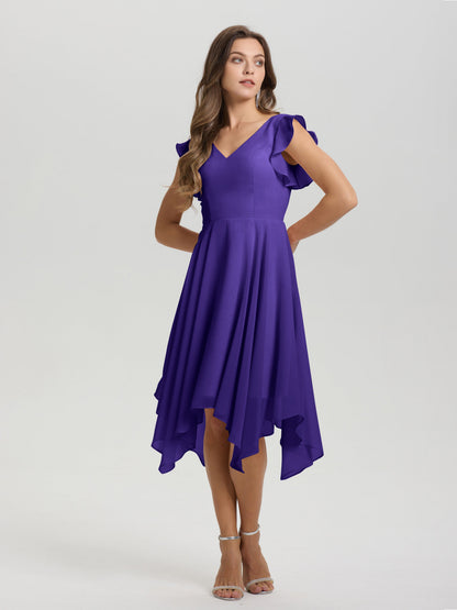 Ruffle Sleeves V-neck Asymmetrical Tea Length Chiffon Bridesmaid Dresses