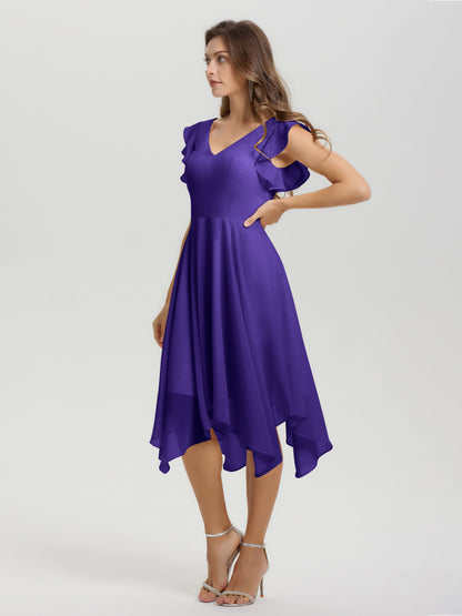 Ruffle Sleeves V-neck Asymmetrical Tea Length Chiffon Bridesmaid Dresses