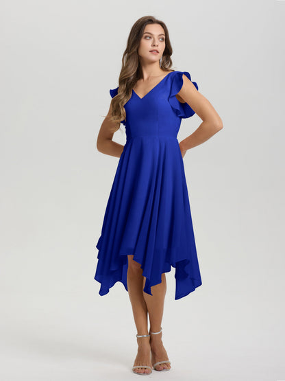 Ruffle Sleeves V-neck Asymmetrical Tea Length Chiffon Bridesmaid Dresses