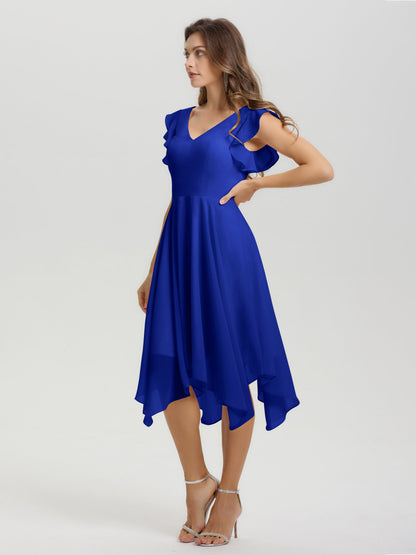Ruffle Sleeves V-neck Asymmetrical Tea Length Chiffon Bridesmaid Dresses